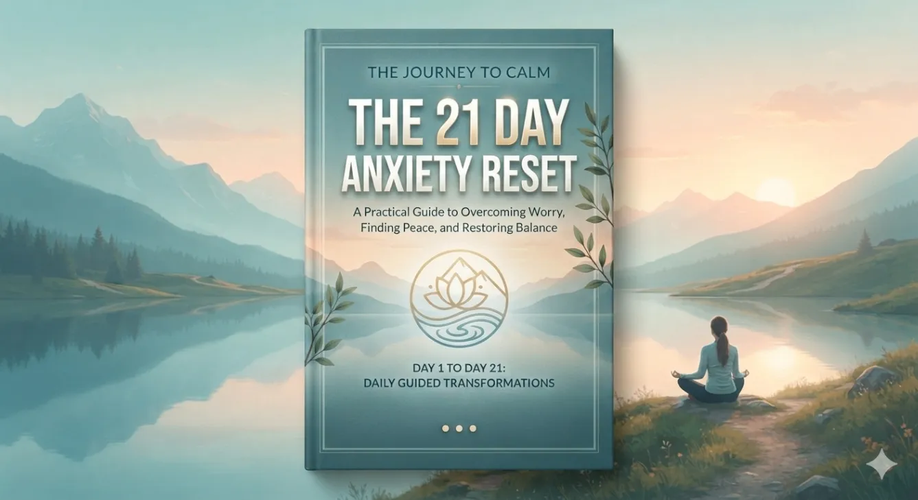 The 21-Day Anxiety Reset cover artwork beside a person meditating by a lake at sunrise